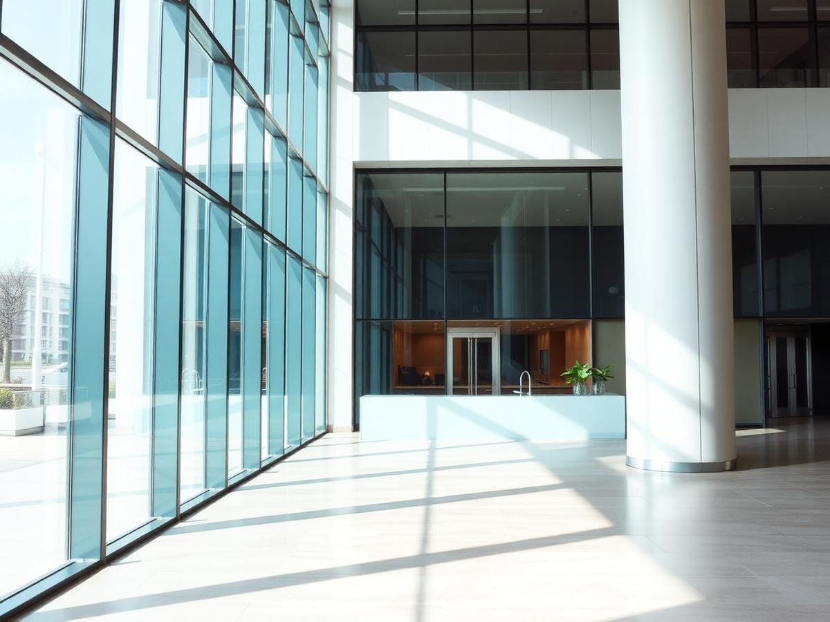 Commercial building lobby with tall impact-rated glass storefront