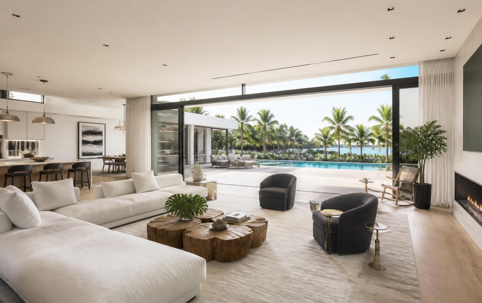 Luxury living room opening to a pool terrace through oversized impact sliding glass doors