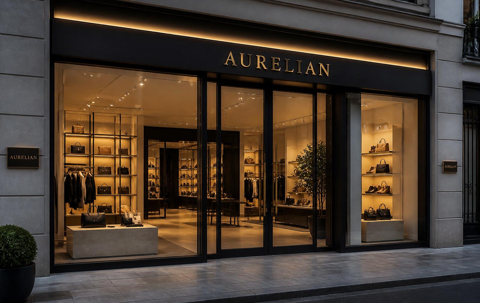 Upscale retail storefront with slim-framed impact glass entrance at twilight